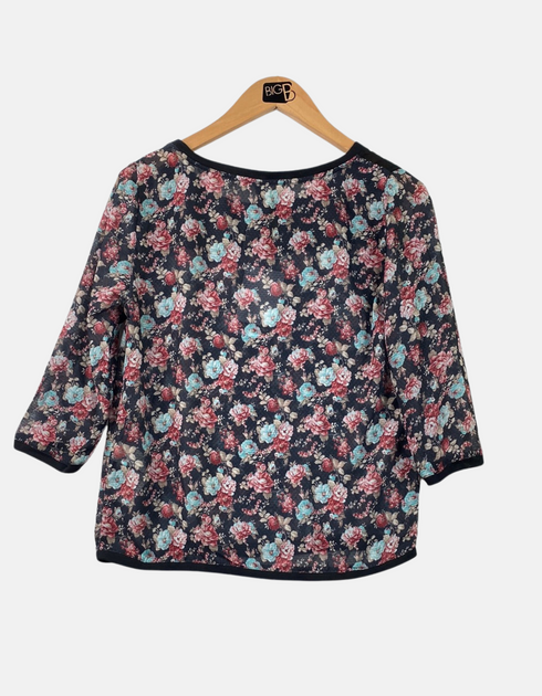 Women's Floral Print Blouse with Sheer Black Panel