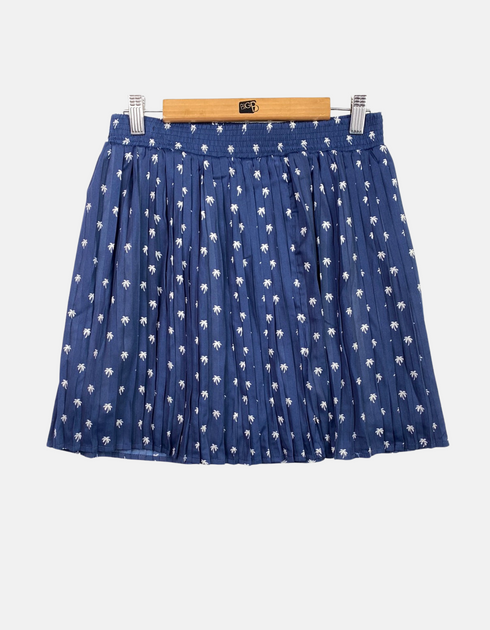 Navy Blue Pleated Skirt with Palm Tree Print