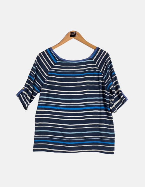 Navy and Blue Striped Button-Down Top