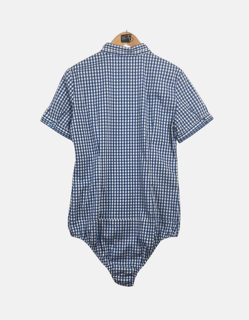 Blue Gingham Short-Sleeve Button-Up Bodysuit