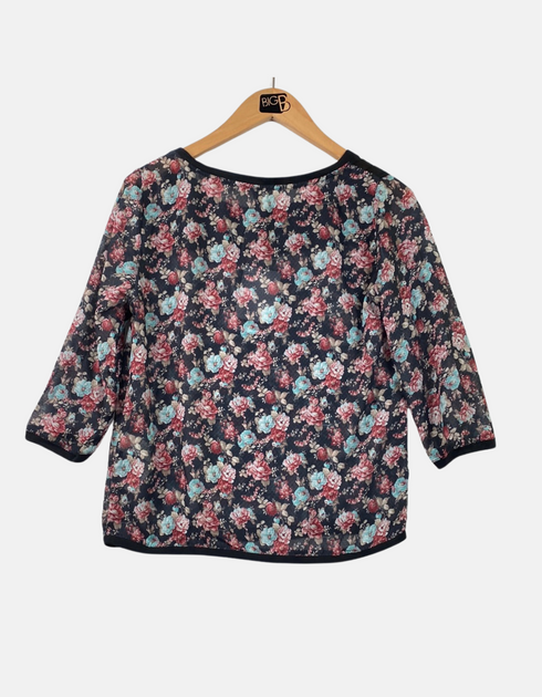 Women's Floral Print Blouse with Sheer Black Panel