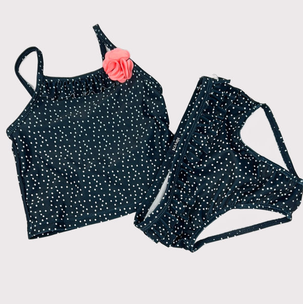 Midnight Polka-Dot Asymmetrical Tankini with Rose Accent