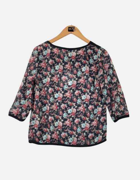 Women's Floral Print Blouse with Sheer Black Panel